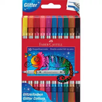 FABER-CASTELL glimmer dobbeltspids-fiberpenne, 10 forskellige farver, vaskbare, 3-5 mm & 1 mm spidser 151107