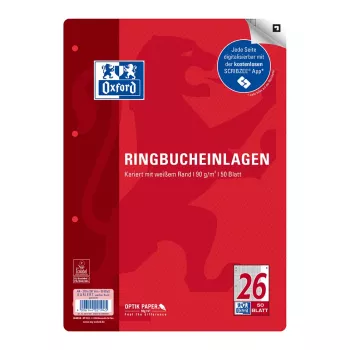 Oxford ringbind indlægspapir A4 kvadreret 50 ark 4-hullet med margen hvid 400131580
