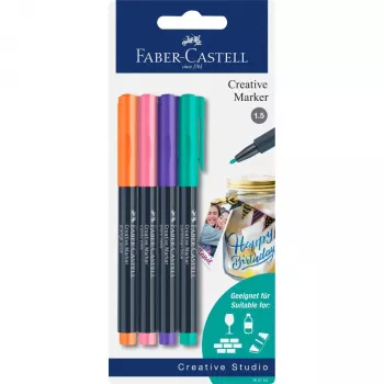 Faber-Castell Creative Marker Sæt med 4 stk, vandbaseret blæk, lugtfri, tørfast, forskellige farver 160704