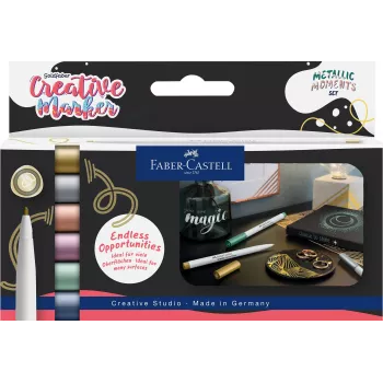 Faber-Castell Creative Marker Goldfaber Metallic Moments, 6-sæt, vandbaseret blæk, lugtfri, tørrefast, forskellige metallicfarver 161107