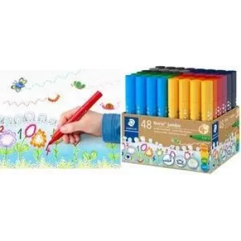 STAEDTLER Noris Jumbo 328-B KP48 filtpenne, 48 forskellige farver, 3,0 mm fibermine, trekantet form, udvaskelig blæk, ventileret hætte, genanvendelig bæger