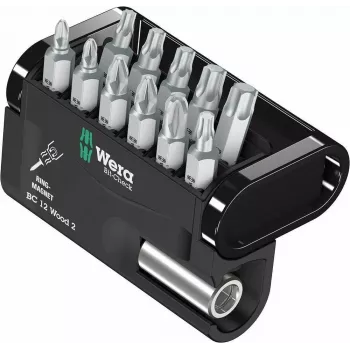 Wera Bit-Check BC 12 Wood 2 skruetrækkerbit-sæt, 12-delt, 1/4 inch sekskantdrev, 25 mm bits, BiTorsion, PH/PZ/TX 05057422001