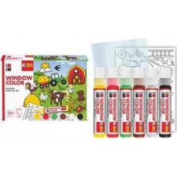 Marabu KiDS Window Color sæt Farm, 6 x 25 ml aftagelig vinduesfarve, vandbaseret, aftagelig, 1 sæt (0306000000006)