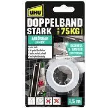 UHU montagebånd STRONG, dobbeltklæbende, op til 75 kg, hvid ekstra stærk, alternativ til skruer & søm, hæfter permanent – 1 stk. (46890)