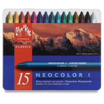 Caran d'Ache Neocolor I voksstifter, 15 forskellige farver, runde, papirhylster, metaldåse 7000.315