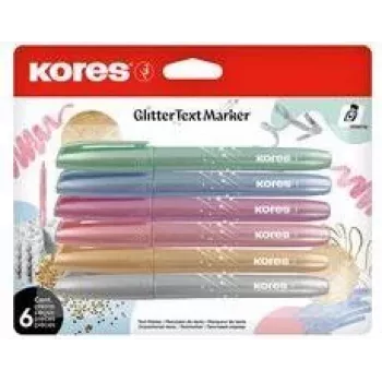 Kores glitter-tekstmarker-sæt, kileformet spids 3-5 mm, 6 lysende glitterfarver, vandbaseret, hurtigtørrende, smittefast, ventileret hætte, ikke-giftig TM36300