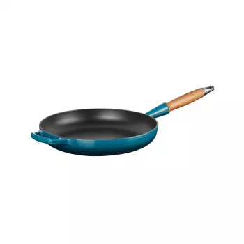 LE CREUSET støbejernspande med træhåndtag Ø28 cm blå