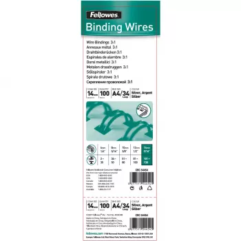 Fellowes 14 mm 34-ring sølv Twin Loop trådbindekamme til A4, 130 ark, 100-pak (54454)