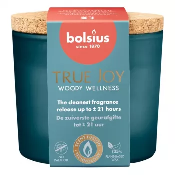 BOLSIUS True Joy duftkerze i glas med korklåg - Woody Wellness, Ø66x83 mm