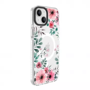 Evelatus iPhone 15 Plus gennemsigtigt MagSafe-cover med blomstermønster