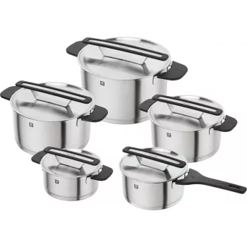 ZWILLING MORE 5-delt kogegrejssæt i rustfrit stål med glaslåg, induktionskompatibelt