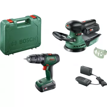 Bosch DIY sæt UniversalImpact 18V + AdvancedOrbit 18V, 2x 2,0Ah Li-Ion batteri, akku-slagboremaskine + akku-excentersliber, grøn (06039D410A)