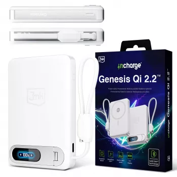 3mk incharge® Genesis Qi 2 25W trådløs lader + PD45W, integreret USB-C-kabel, hvid