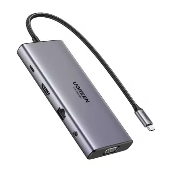 Ugreen CM639 USB-C-hub, HDMI, VGA, 2x USB-C 3.2 10 Gbps, 2x USB, SD/TF, RJ45, Aux 3,5 mm, PD, 4K 60 Hz