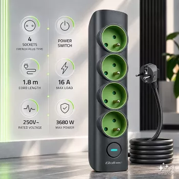 Qoltec Power Strip with Illuminated Switch, 4 Earthed Sockets, 1.8 m