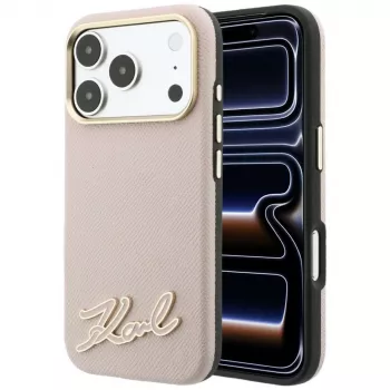 Karl Lagerfeld mobilcover med præget overflade og resin-signaturlogo, MagSafe, til iPhone 18 Pro / 17 Pro, pink