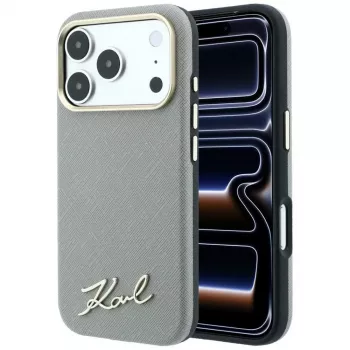 Karl Lagerfeld Saffiano lille Script metallogo MagSafe-cover til iPhone 18 Pro Max / 17 Pro Max, beige
