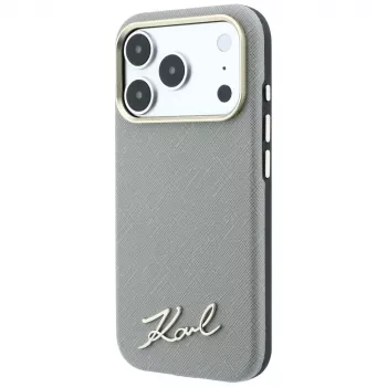 Karl Lagerfeld Saffiano lille Script metallogo MagSafe-cover til iPhone 18 Pro Max / 17 Pro Max, beige