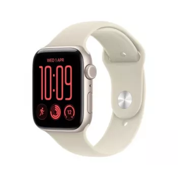 Apple Watch SE 3 smartwatch, GPS + Cellular, 44 mm, aluminiumskasse i Polarstjerne, sportrem i sand S/M