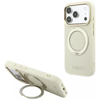 Guess GUE005667 Ring Stand 360 Grained Classic Logo MagSafe-cover til iPhone 18 Pro / 17 Pro, beige