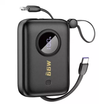 Dudao DDA344 powerbank 10 000 mAh, PD 22,5 W, med integreret kabel, sort