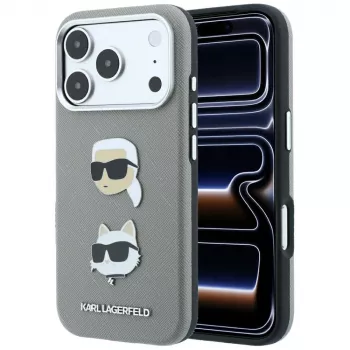 Karl Lagerfeld Saffiano case with Karl & Choupette Heads Pins & Logo for iPhone 18 Pro Max / 17 Pro Max, grey