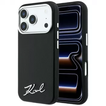 Karl Lagerfeld Saffiano Small Script Metal Logo MagSafe smartphone case for iPhone 18 Pro / 17 Pro, black