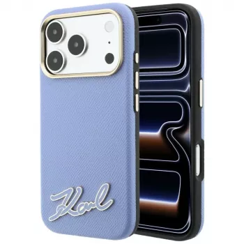 Karl Lagerfeld KF003170 Grained med Resin Signature Logo MagSafe-cover til iPhone 18 Pro Max / 17 Pro Max, lyseblå