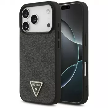 Guess Leather 4G Triangle Strass MagSafe-cover til iPhone 18 Pro / 17 Pro, sort