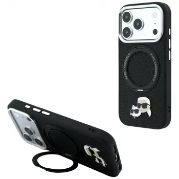 Karl Lagerfeld Ring Stand 360 Karl & Choupette Heads Pin MagSafe case for iPhone 18 Pro Max / 17 Pro Max, black