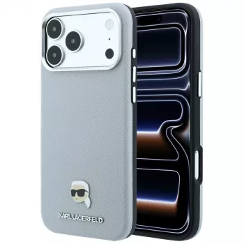 Karl Lagerfeld Grained Karl Head Metal MagSafe case for iPhone 18 Pro Max / 17 Pro Max, grey