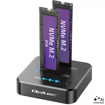 Qoltec 52633 M.2 NVMe SSD-dockingstation, PCIe, 2 x 8TB, USB-C 3.2, 10 Gb/s, offline-kloning