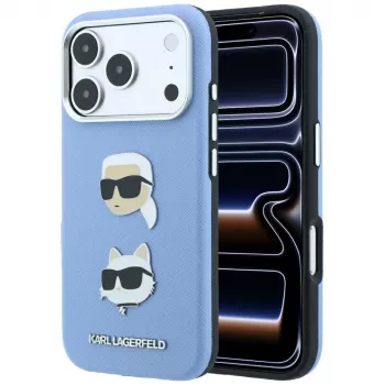 Karl Lagerfeld KF003247 Saffiano med Karl & Choupette Heads Pins & Logo-cover til iPhone 18 Pro / 17 Pro, lyseblå
