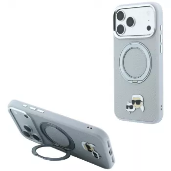 Karl Lagerfeld KF003229 cover med 360-ringstativ Karl & Choupette Heads Pin MagSafe til iPhone 18 Pro / 17 Pro, grå