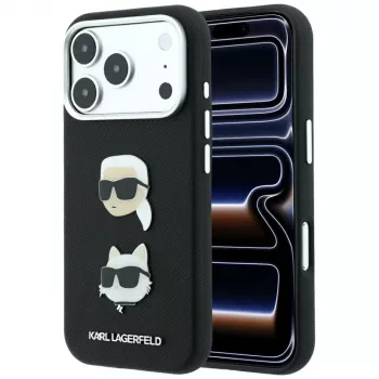 Karl Lagerfeld KF003249 Saffiano with Karl & Choupette Heads Pins & Logo Cover til iPhone 18 Pro / 17 Pro, sort