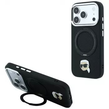 Karl Lagerfeld MagSafe-cover med ringstander 360 og Karl Head Pin til iPhone 18 Pro / 17 Pro, sort