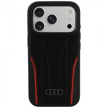 Audi R8 Genuine Leather MagSafe cover i ægte læder til iPhone 18 Pro / 17 Pro, sort-rød (AUDI000239)