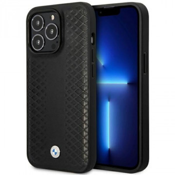 BMW BMHMP14X22RFGK Leather Diamond Pattern MagSafe-cover til Apple iPhone 14 Pro Max 6,7 inch, sort