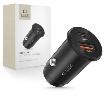 Tech-Protect CC02 2-port biloplader USB-A / USB-C, PD 35W / QC 3.0, sort (THP4079)