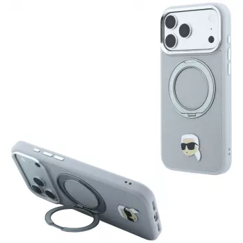 Karl Lagerfeld with Ring Stand 360 Karl Head Pin MagSafe-hylster til Apple iPhone 18 Pro / 17 Pro, grå (KF003235)