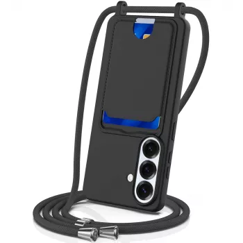 Hurtel Samsung Galaxy S26 TPU-cover med kortlomme og crossbody-lanyard, sort
