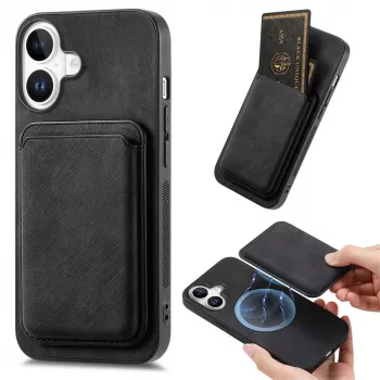 Marka Niezdefiniowana iPhone 17 kunstlædercover med aftagelig MagSafe-kompatibel kortlomme, sort