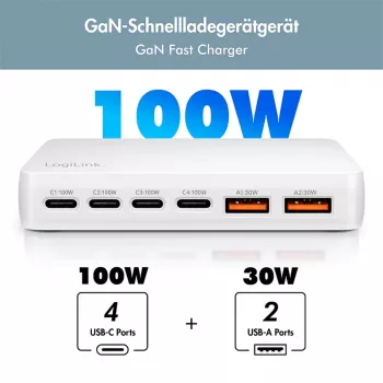 LogiLink PA0418 USB-A/C desktop-lader, 100 W, GaN, 6 porte, 2x USB-A (QC), 4x USB-C (PD), hvid