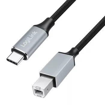 Logilink CU0515 USB 2.0 Type-C-kabel, C/M til B/M, 480 Mbps, nylon, metal, sort/sølv, 2 m