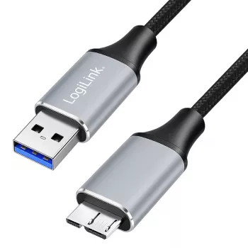 Logilink CU0290 USB 3.0-kabel, A/M til Micro-USB/M, 5 Gbps, nylon, metal, sort/sølv, 1 m