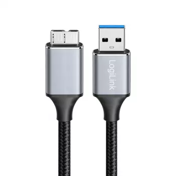 Logilink CU0290 USB 3.0-kabel, A/M til Micro-USB/M, 5 Gbps, nylon, metal, sort/sølv, 1 m